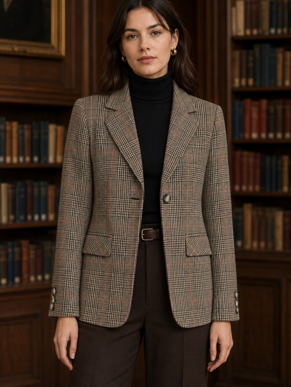 Womens Plaid Single-Button Blazer Jacket in Brown